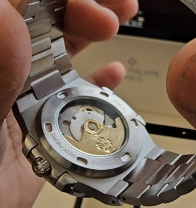 Patek Phillipe Nautilus Silver Black Metal premium Automatic Shahrukh khan Watch [OPEN BACK]